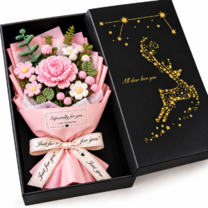 Wool flower in box with sign